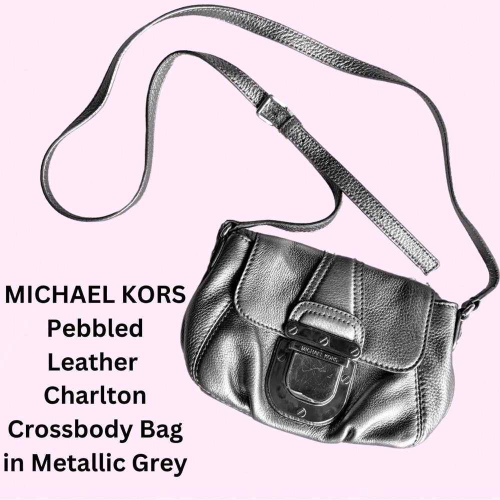 MICHAEL KORS Pebbled Leather Charlton Crossbody Bag in Metallic Grey